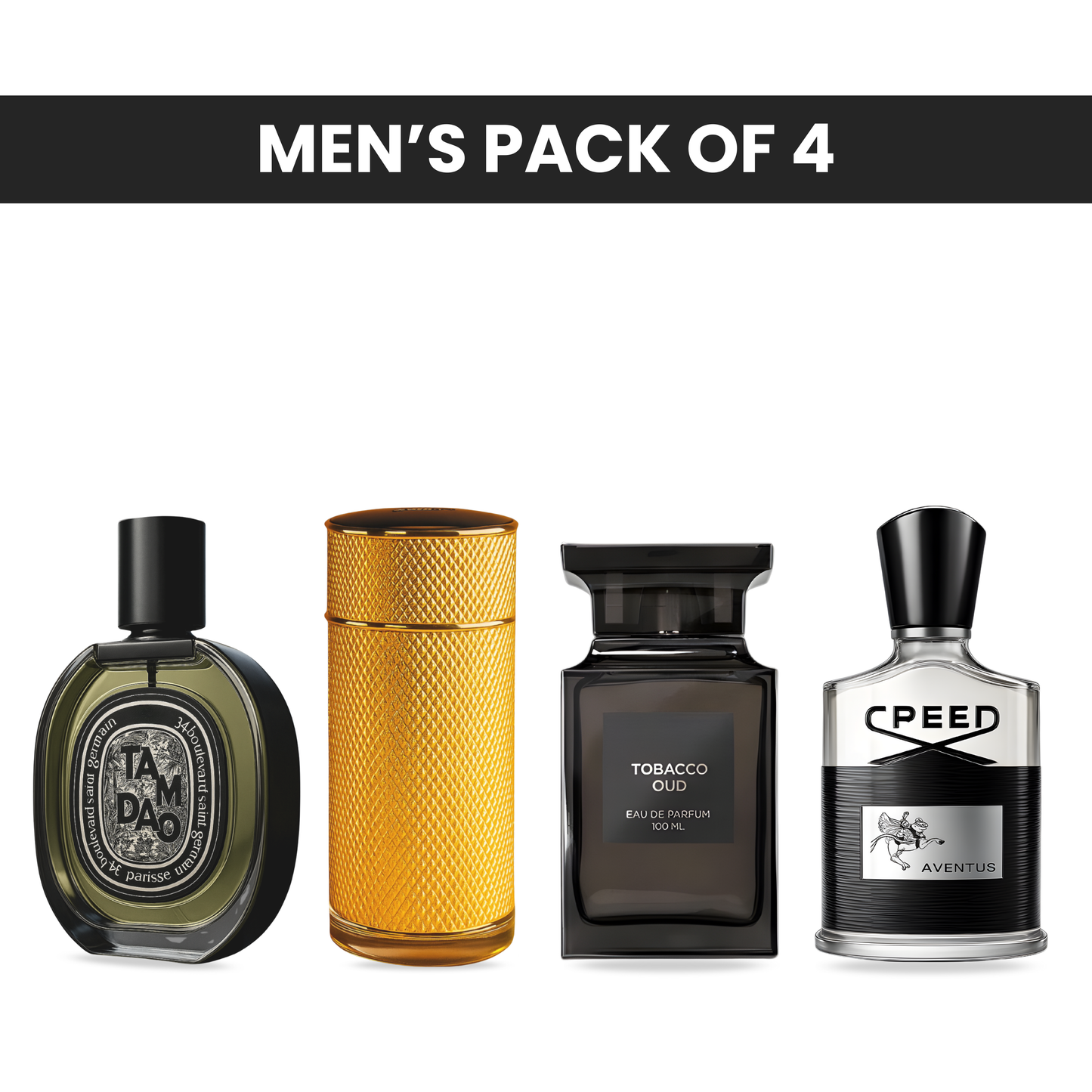 Pack of 4 for men: Diptyque tam dao, Dunhill absolute icon, Tomford oud wood, Creed aventus