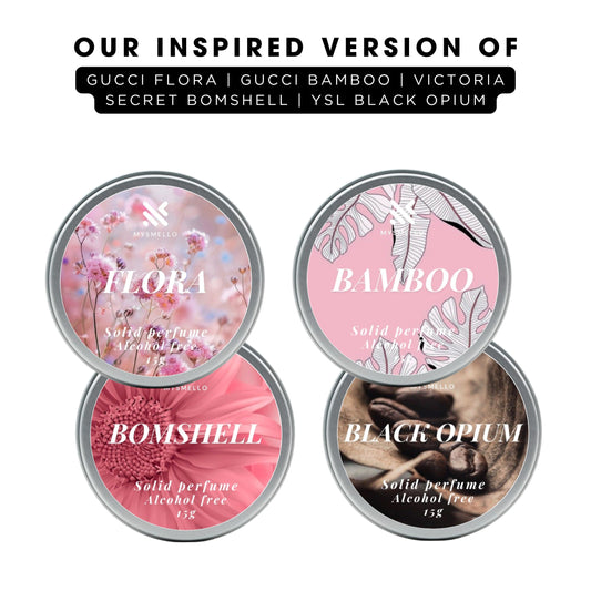 Pack of 4 For Women: Gucci Flora, Gucci Bmaboo, VS Bombshell, Ysl Black opium Solid Perfumes