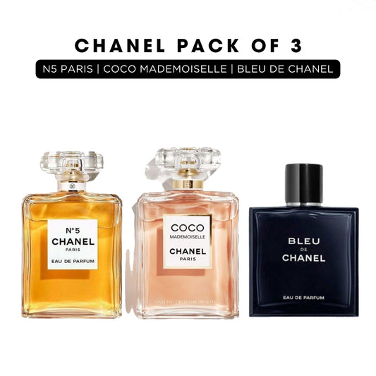 Chanel pack of 3: Chanel N5 paris, Chanel coco mademoiselle, Bleu de chanel