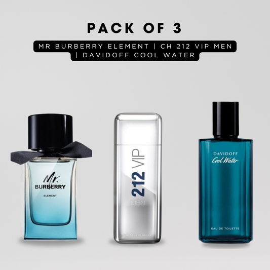 Pack of 3: Mr burberry element, CH 212 vip men, Davidoff cool water