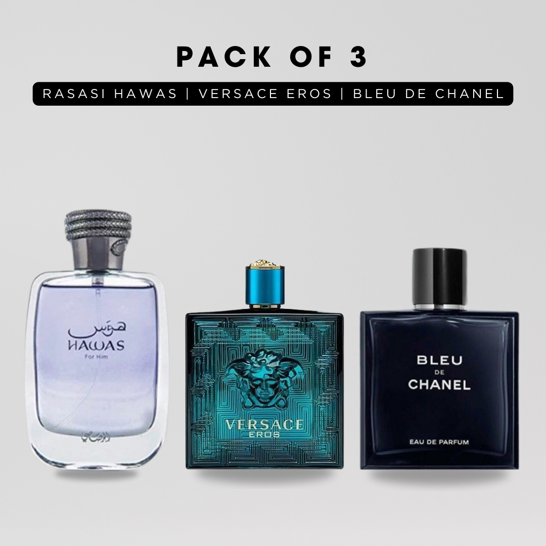 Pack of 3: Rasasi hawas, Versace eros, Bleu de chanel