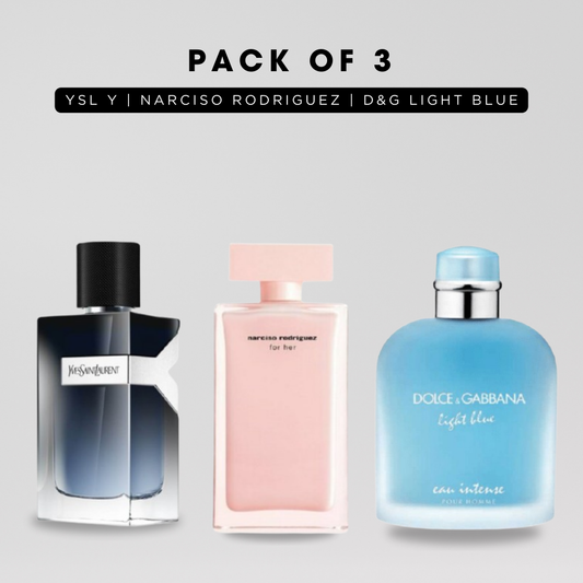 Pack of 3: YSL Y, Narciso rodriguez, D&G light blue