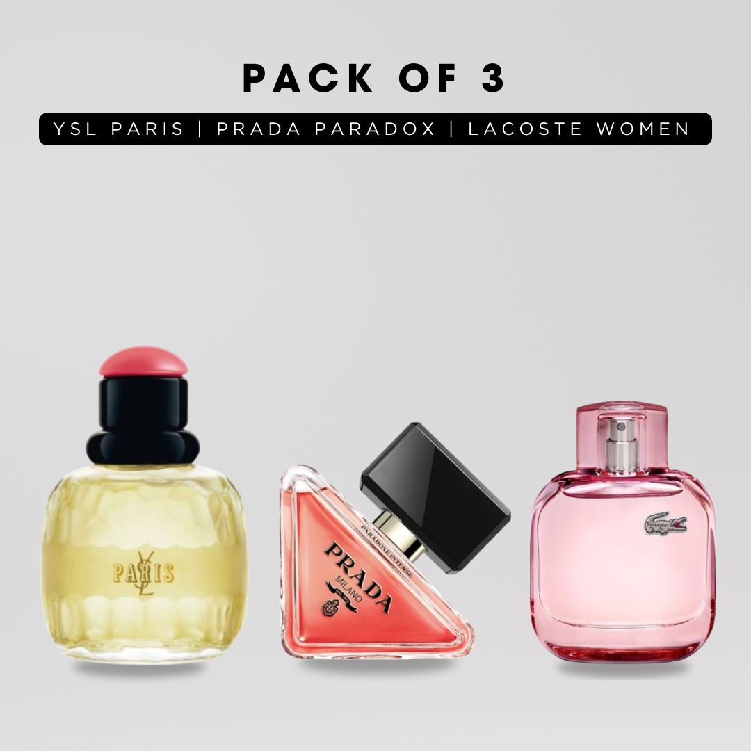 Pack of 3: YSL paris, Prada paradox, Lacoste women