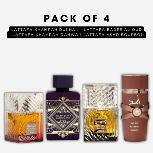 Pack of 4 -Lattafa khamrah dukhan, Lattafa badee al oud, Lattafa khamrah qahwa, Lattafa asad bourbon