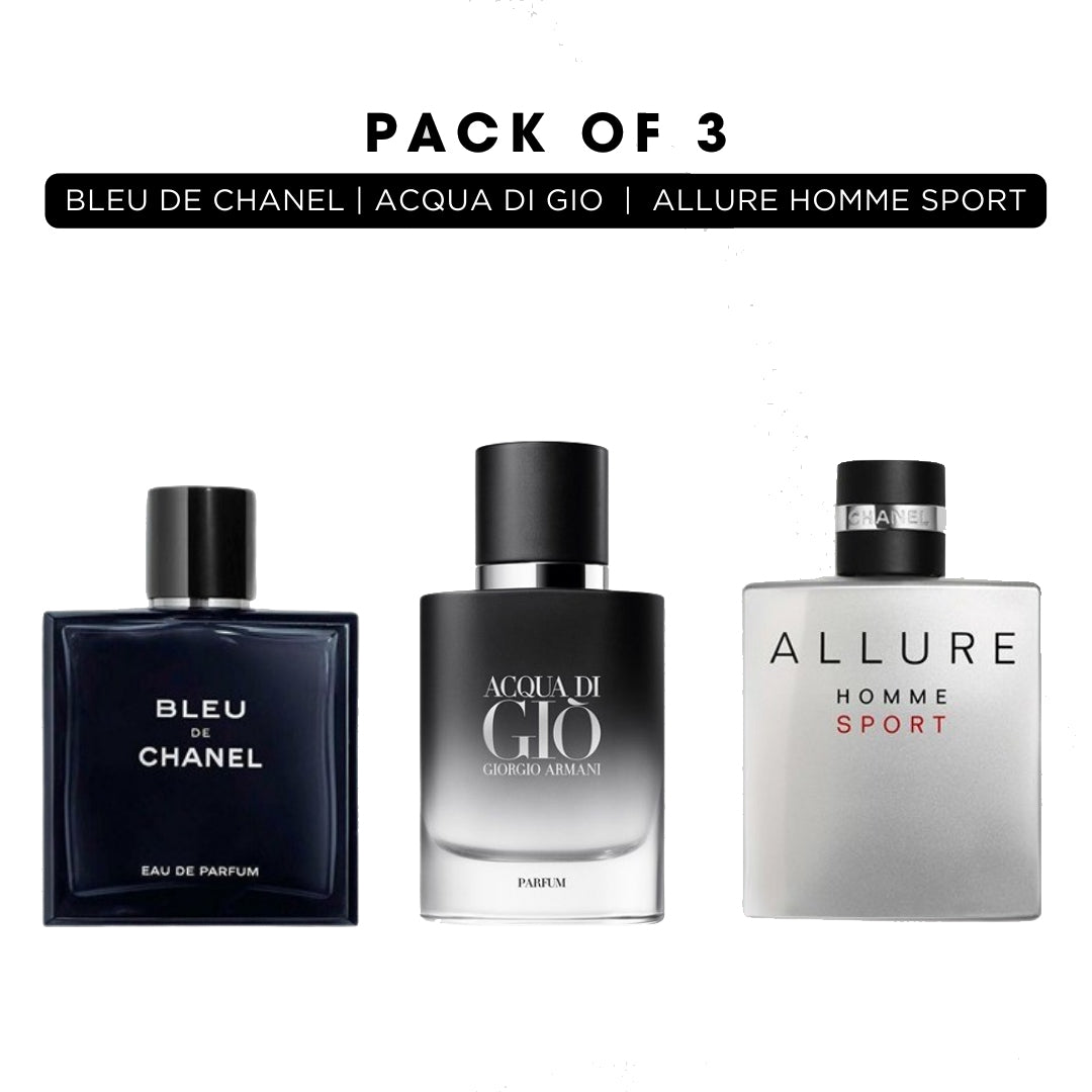 Pack of 3 for men: Bleu de chanel, Acqua di gio giorgio armani, Chanel allure homme sport